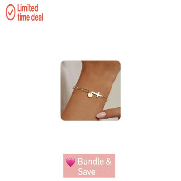 14K Gold-Plated Dainty Initial Cross Bracelet, Adjustable Paperclip Chain - Picture 2 of 8